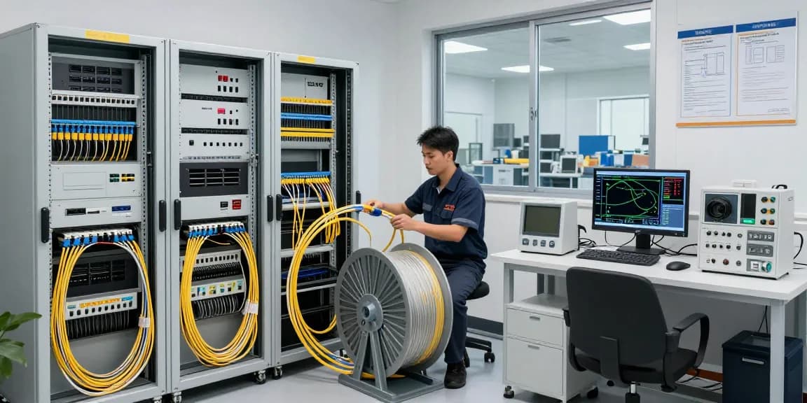Fiber optic distributor inspecting cables in a modern warehouse setting, showcasing precision connectivity solutions.