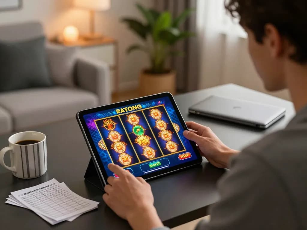 Engaging in a thrilling online slot game on Sky88, showcasing eager player's focus and vibrant graphics.
