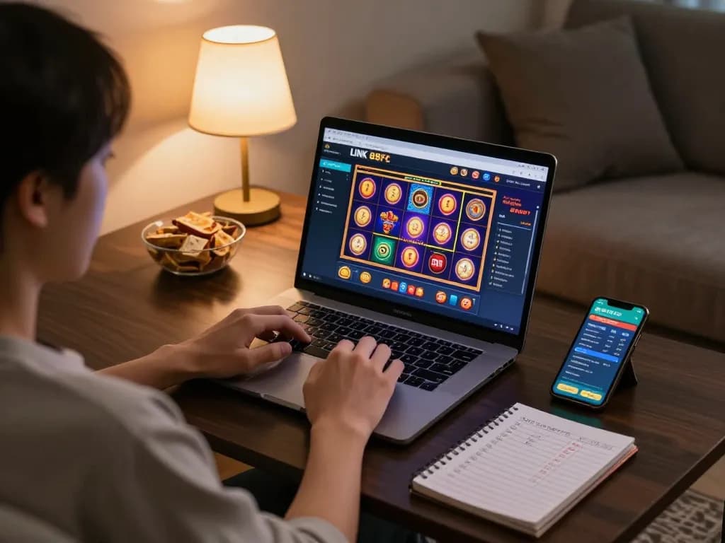 Engaging in online casino gaming with LINK 88FC on a laptop in a cozy home setting.