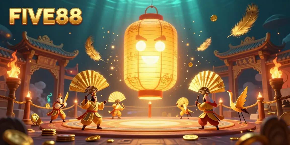 Experience the excitement of FIVE88 in a vibrant casino scene filled with golden spirits and lucky symbols.