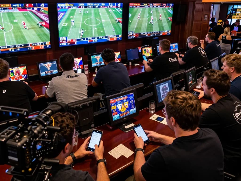 FC88 engaging sports bettors eagerly placing wagers at a vibrant sportsbook with live game screens