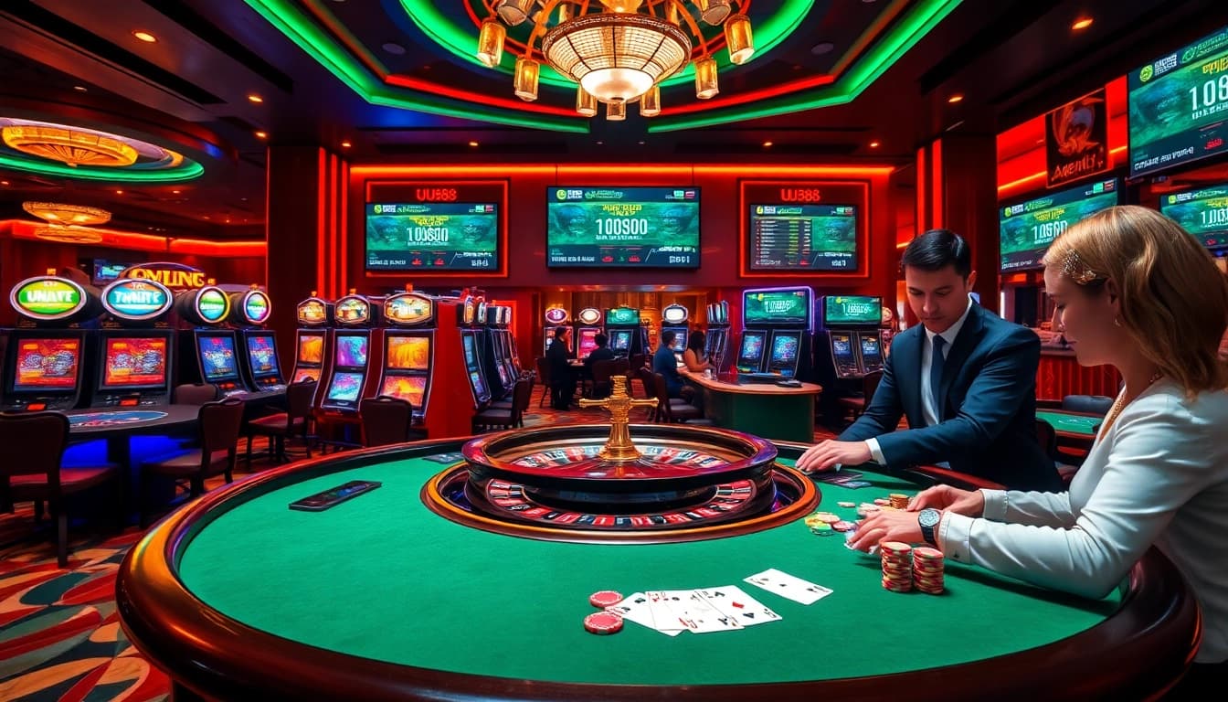 Experience thrilling gameplay at uu88 with a vibrant casino scene featuring roulette and poker excitement.