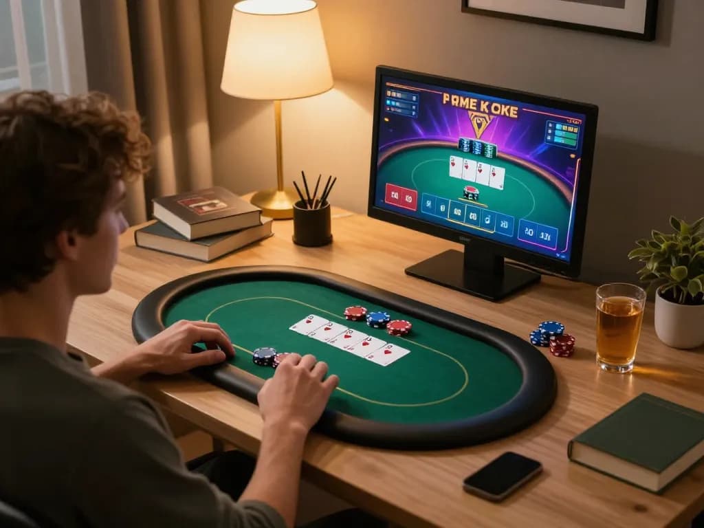 RR88 player engaging in online poker game with vibrant interface and cozy home setup