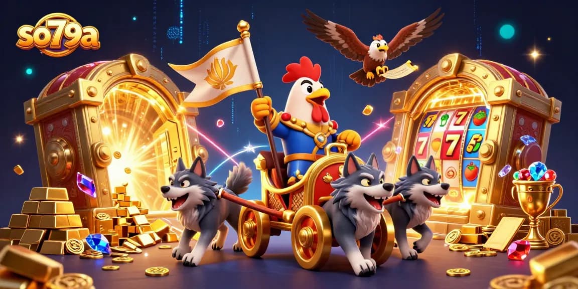 Experience thrilling wins with so79a in this dynamic 3D illustration featuring a rooster warlord and golden treasures.