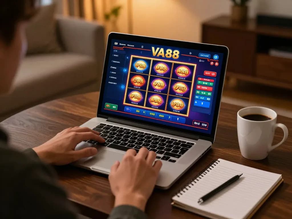 Play online at VA88 using a laptop with vibrant slots and strategic betting notes.