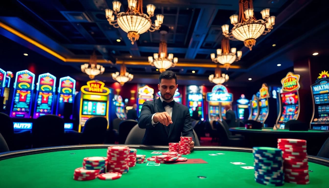 Experience the excitement of a high-stakes poker game at king79 casino, showcasing vibrant poker chips and cards.