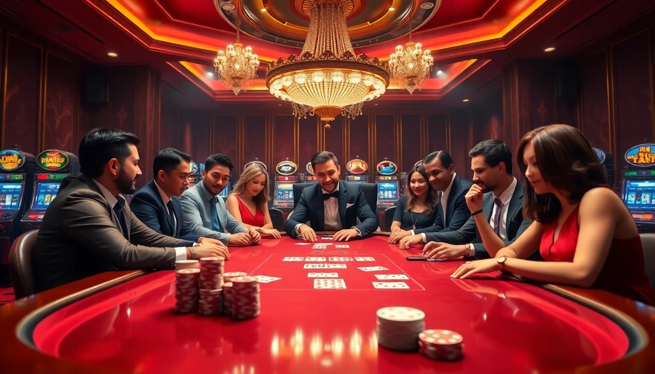 Players enjoying intense poker action at Luckywin casino, showcasing excitement and vibrant atmosphere.