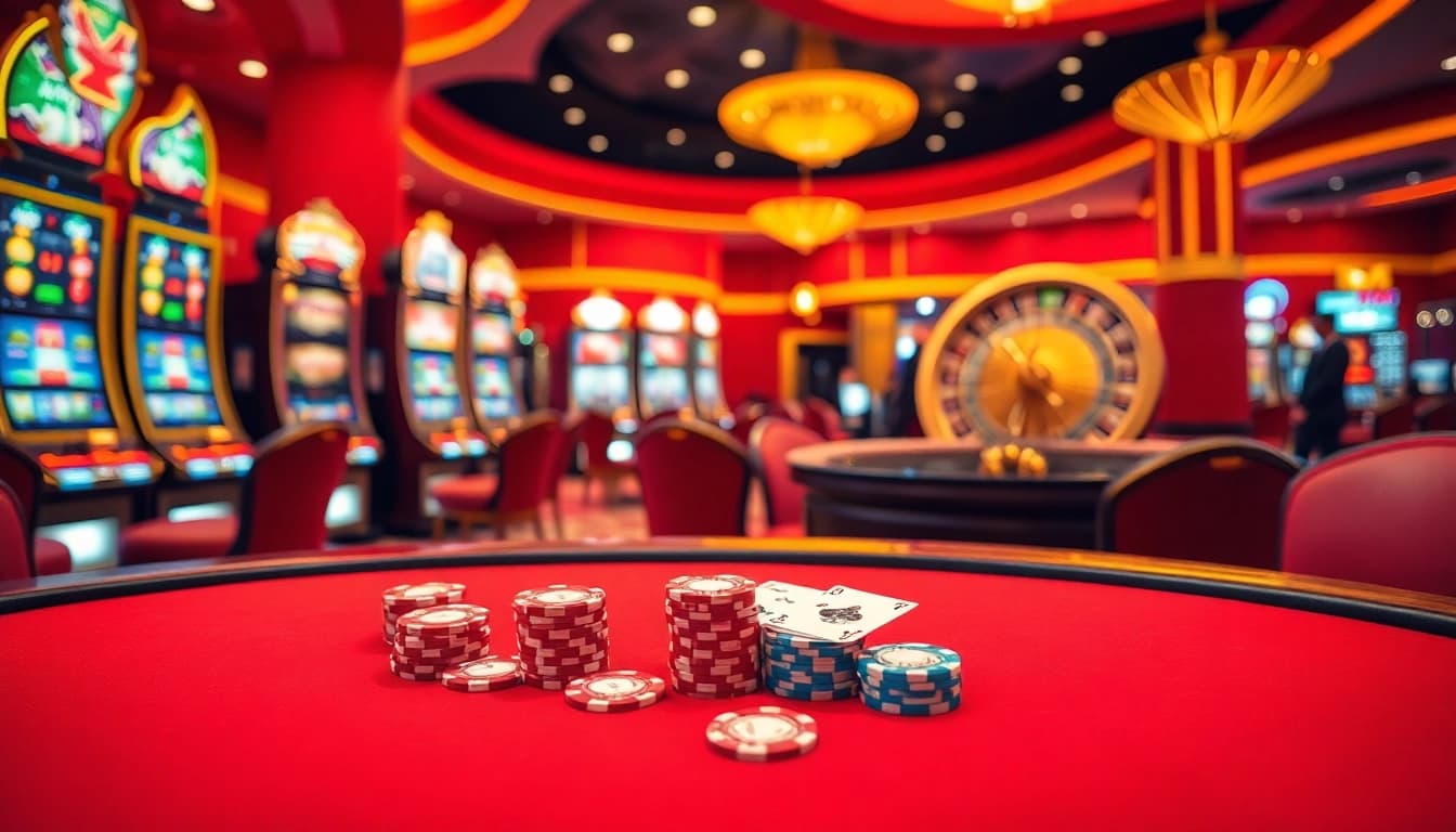 Engage in red88 betting at an upscale casino featuring poker chips and slot machines.
