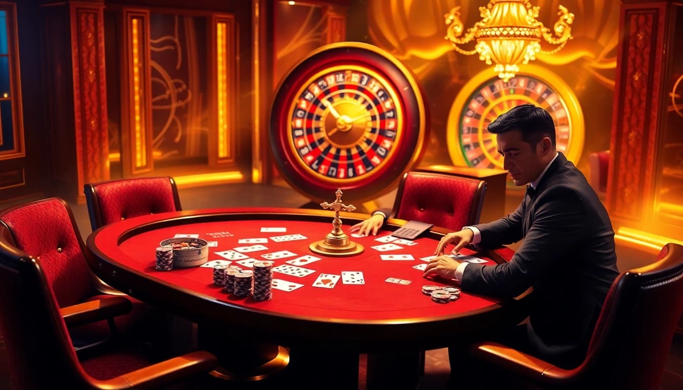 Experience the thrill of gambling with 6RWIN at a luxurious casino table featuring poker chips and cards.