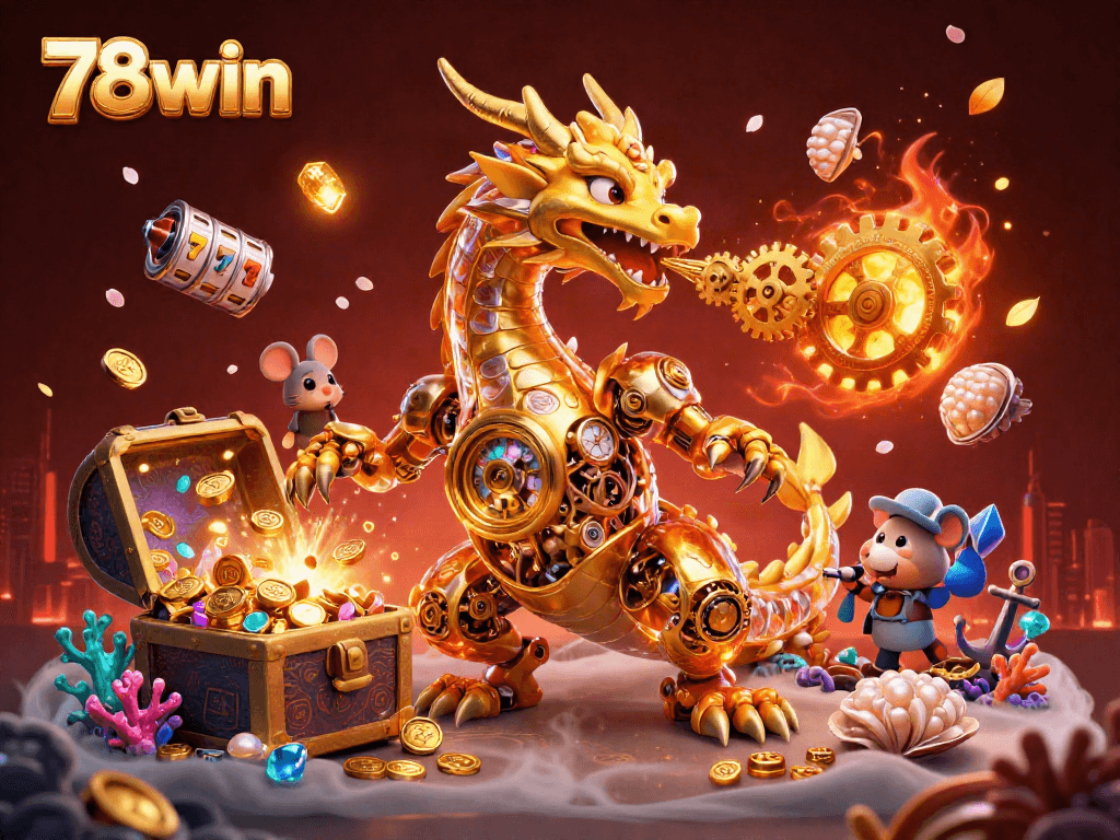 Experience thrilling gameplay with 78win's golden dragon breathing cogs in a vibrant casino scene.