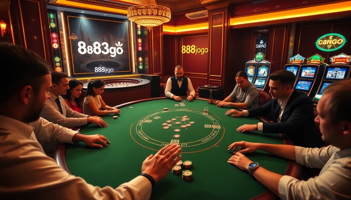 Apostadores profesionales disfrutando de una partida de alto riesgo en la mesa de casino de 888jogo.