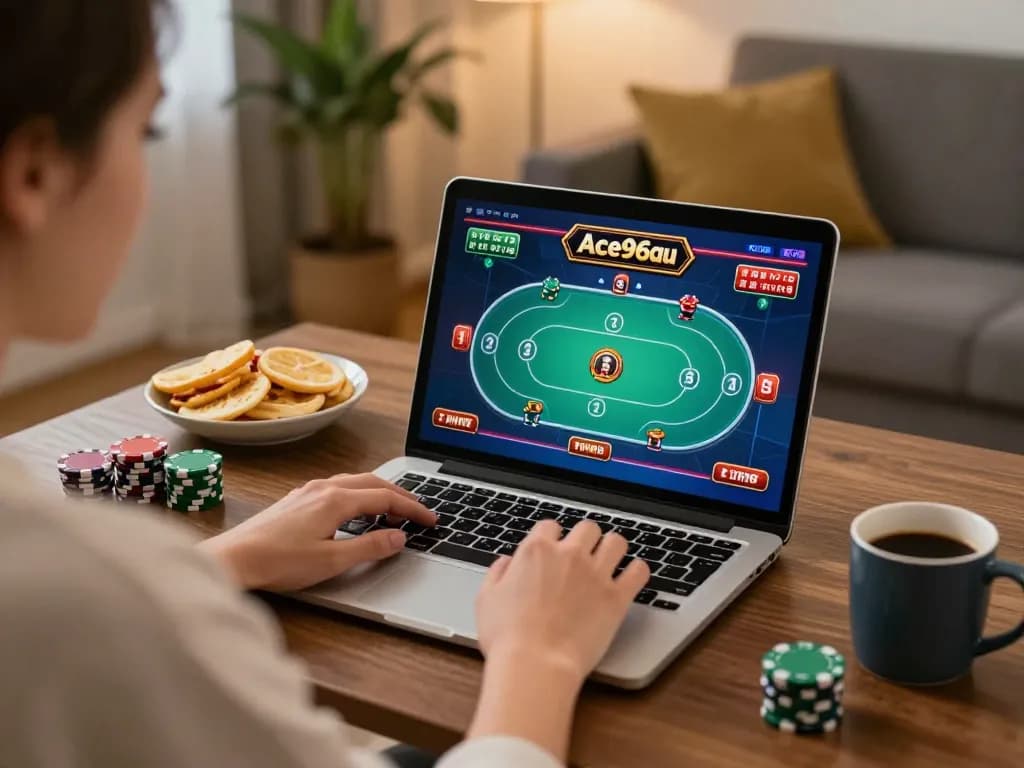 A gambler enjoys playing on Ace96au's vibrant poker game from the comfort of home.