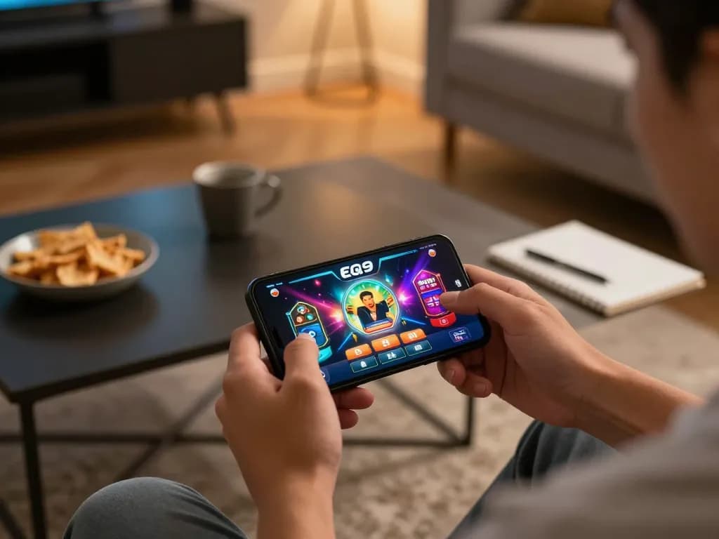 Engaging with the EQ9 casino app on a smartphone in a cozy home setting, showcasing mobile gaming.