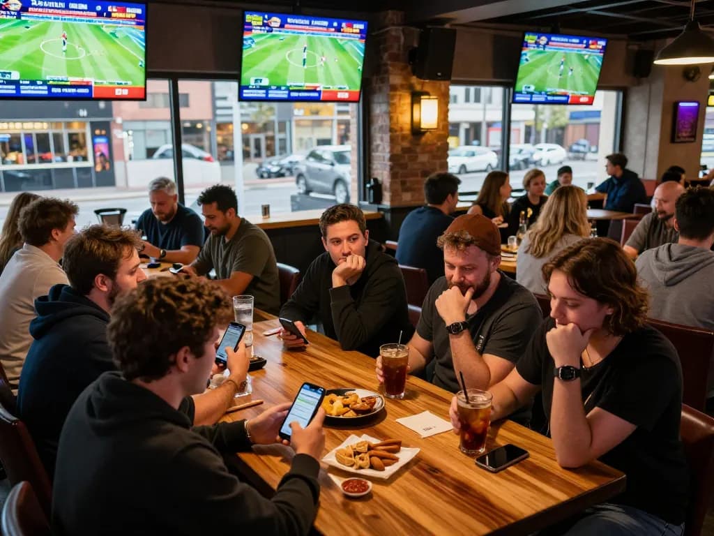 Engaging sports fans using hitclub9 for live betting on multiple screens in a lively bar setting