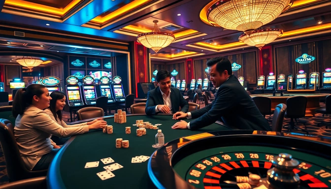Experience the excitement of RR88 with players enjoying vibrant casino tables and thrilling games.