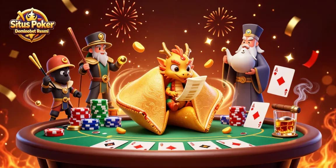 Situs Poker Dominobet Resmi showcases vibrant poker action with whimsical characters and festive elements.