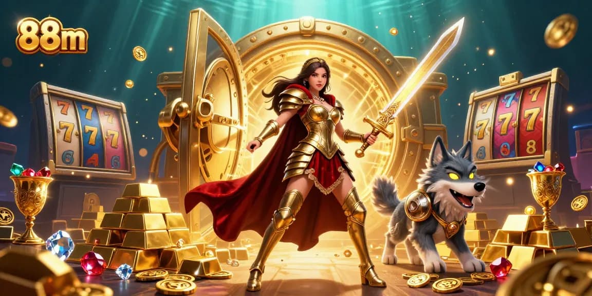 88m showcases a captivating scene with a warrior queen and her wolf companion amidst a thrilling casino atmosphere filled with wealth and excitement.
