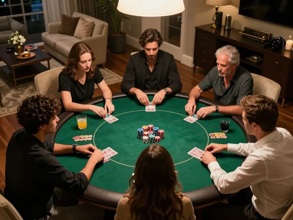 Experience FABET LIVE action at a casual home poker game with friends, showcasing cards and chips.