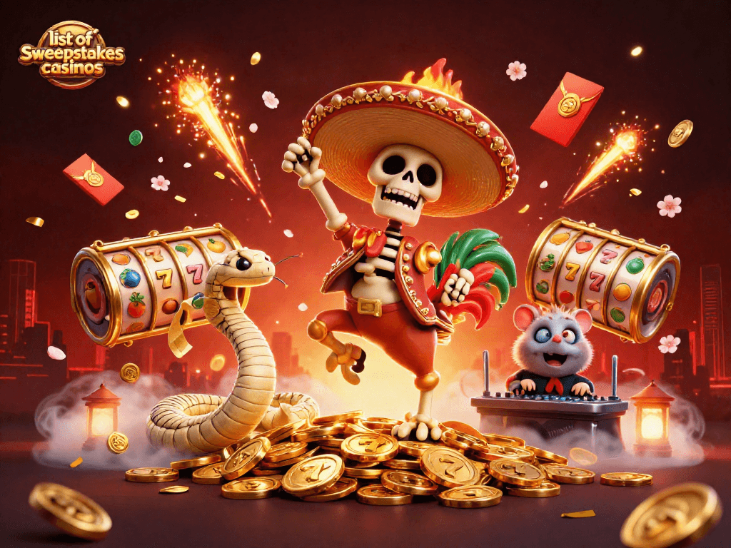 Experience fun at the list of sweepstakes casinos with a vibrant 3D casino illustration featuring festive characters.