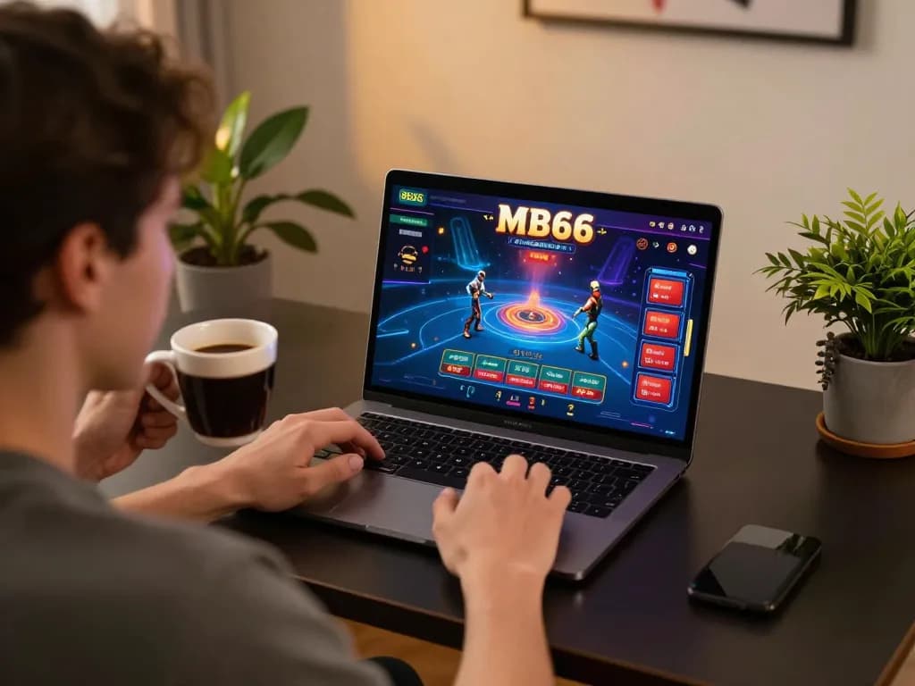 Engaging player using the MB66 casino interface on a laptop in a cozy home setting