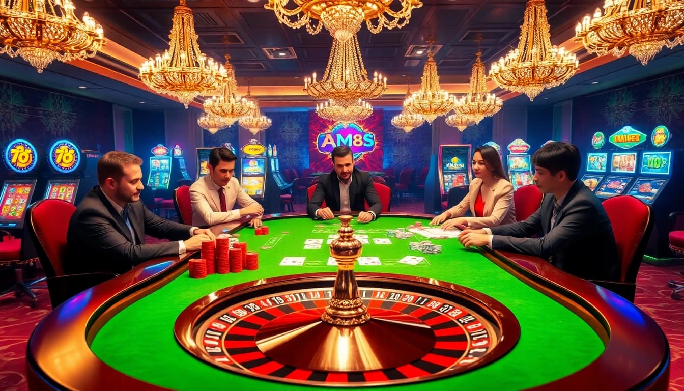 Exciting poker game scene featuring AF88 com, vibrant casino ambiance with chips and cards.