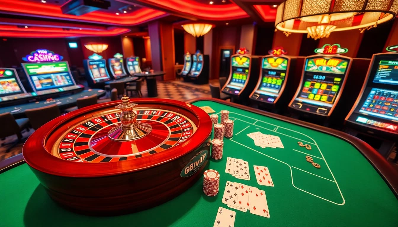 Experience the excitement of online gambling at 68VIP with vibrant casino tables and glowing slot machines.