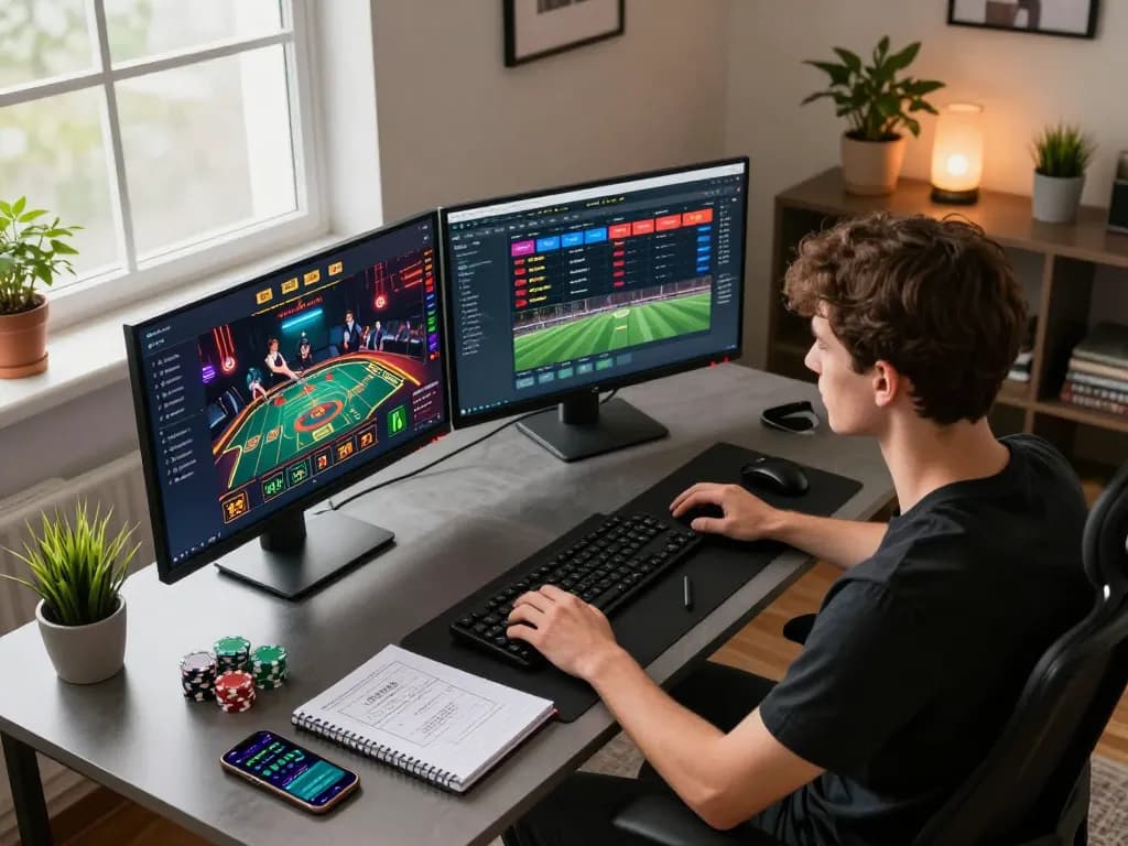 Engaging in strategic betting with nhà cái qq88 at a modern home office, displaying dual monitors and gaming elements