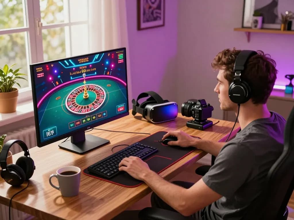 Go99 player enjoying live casino roulette at home gaming setup with immersive technology.