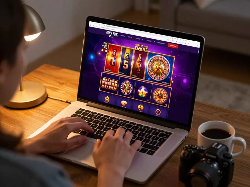 Engaging online gaming experience at home with fun88s showcased on a laptop, colorful slot animations catching user attention.