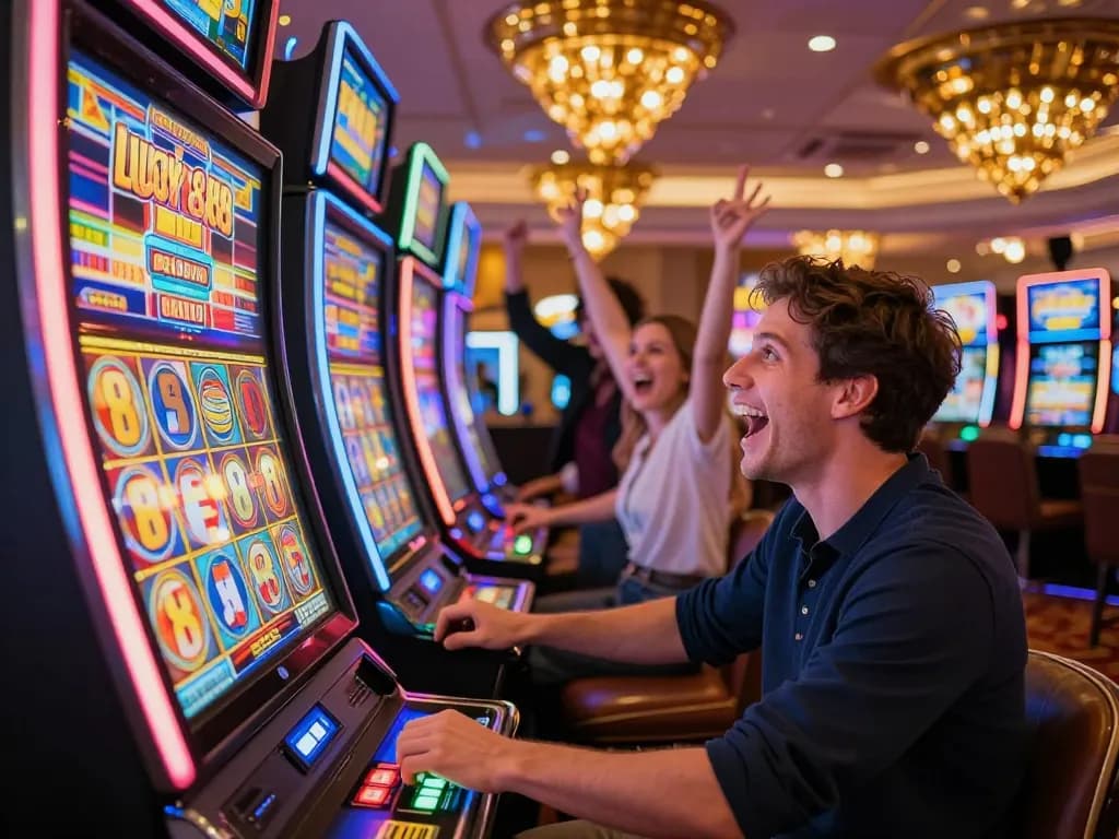 Player celebrating a win on the Lucky 88 slot machine in a lively casino.