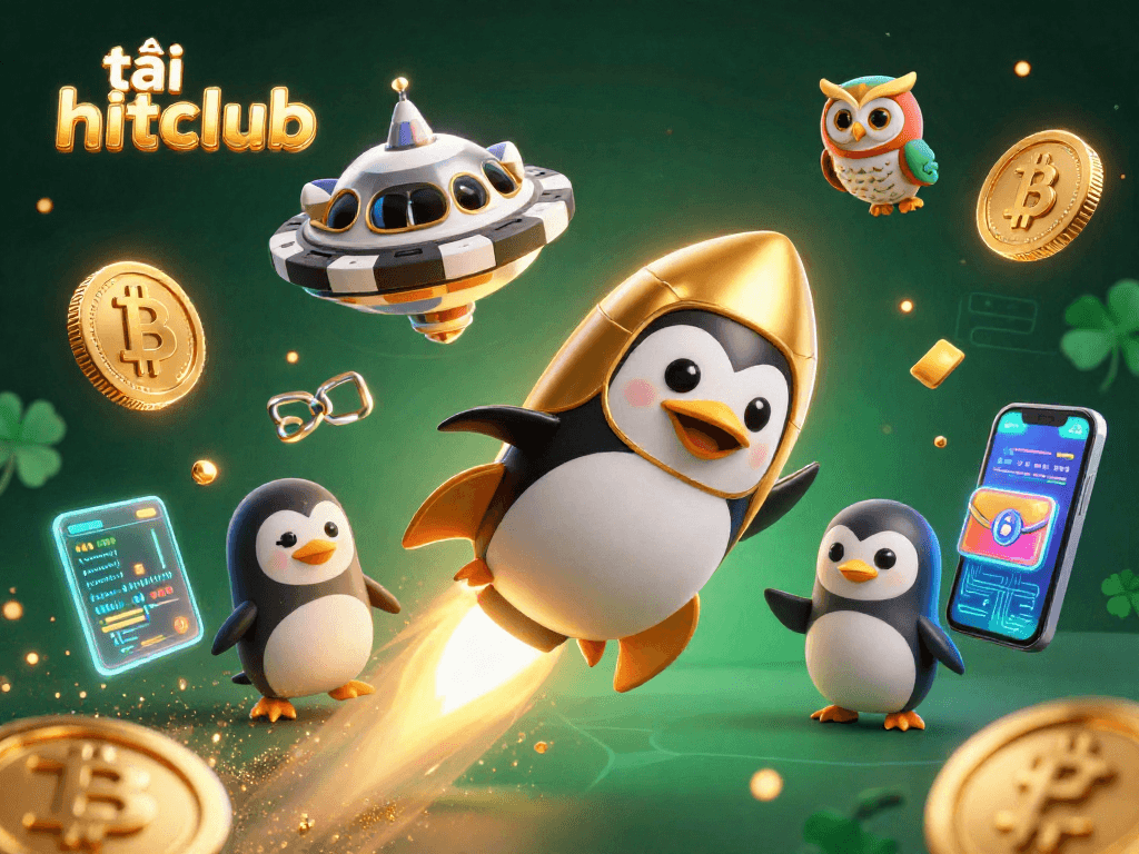 Experience the thrill of tải hitclub with a vibrant 3D illustration of a golden penguin rocket racing towards a casino!