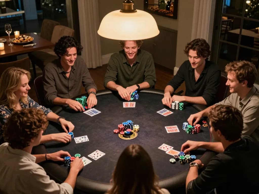 Friends enjoying a lively poker night at home, showcasing f168 strategies in a cozy atmosphere.