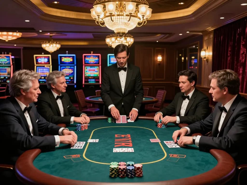 VIN88 poker players strategizing their bets at an upscale casino table with vibrant ambiance.