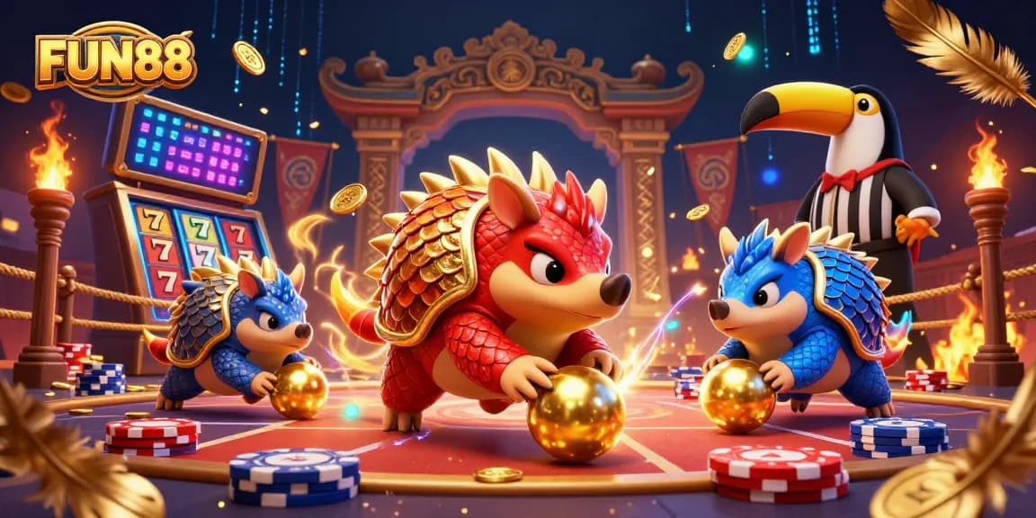 FUN88 pangolins roll into golden balls in a dynamic casino scene with poker chips.
