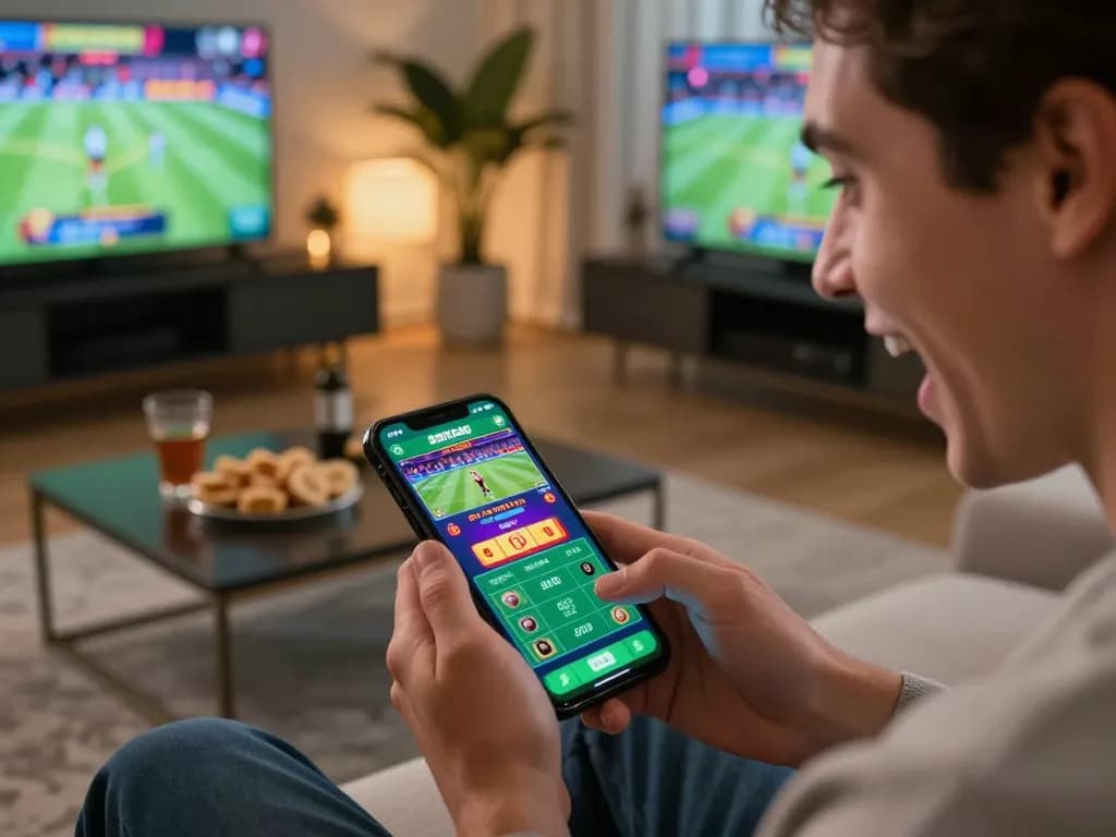Person placing bets on the 88xeng app during a thrilling sports event at home.