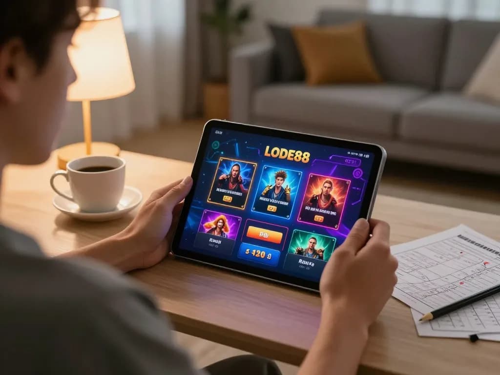 Player enjoying LODE88 online casino gaming on a tablet in a cozy home setting, emphasizing engaged gameplay.