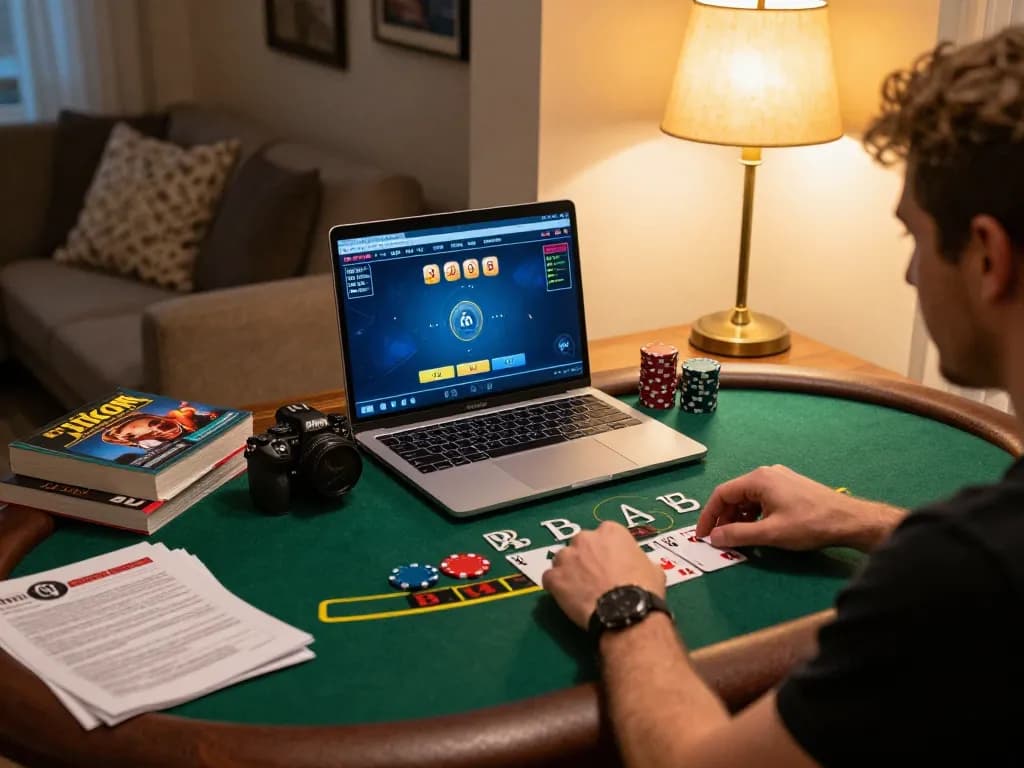 Engaging with nhà cái vmax in an online blackjack game at home, demonstrating gaming strategy.