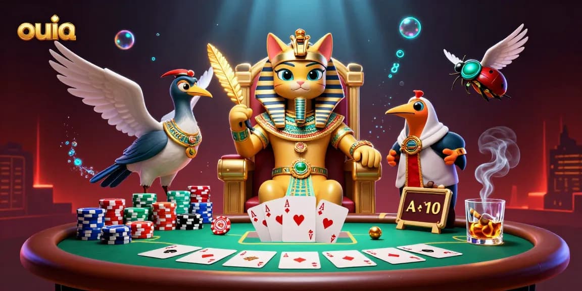 Engage in thrilling poker gameplay at ouia with an Egyptian-themed 3D casino scene.