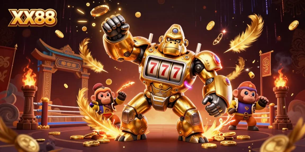 Experience the thrill of XX88 with a dynamic golden gorilla mech amidst casino action and winning excitement.