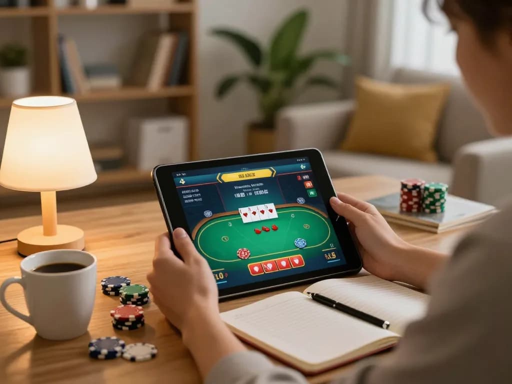 Người tham gia cá cược trực tuyến poker trên máy tính bảng với giao diện trò chơi 12bet trong không gian ấm cúng tại nhà.