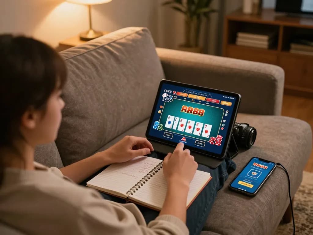 Player enjoying RR88 poker on tablet while analyzing strategies in a cozy home setting.