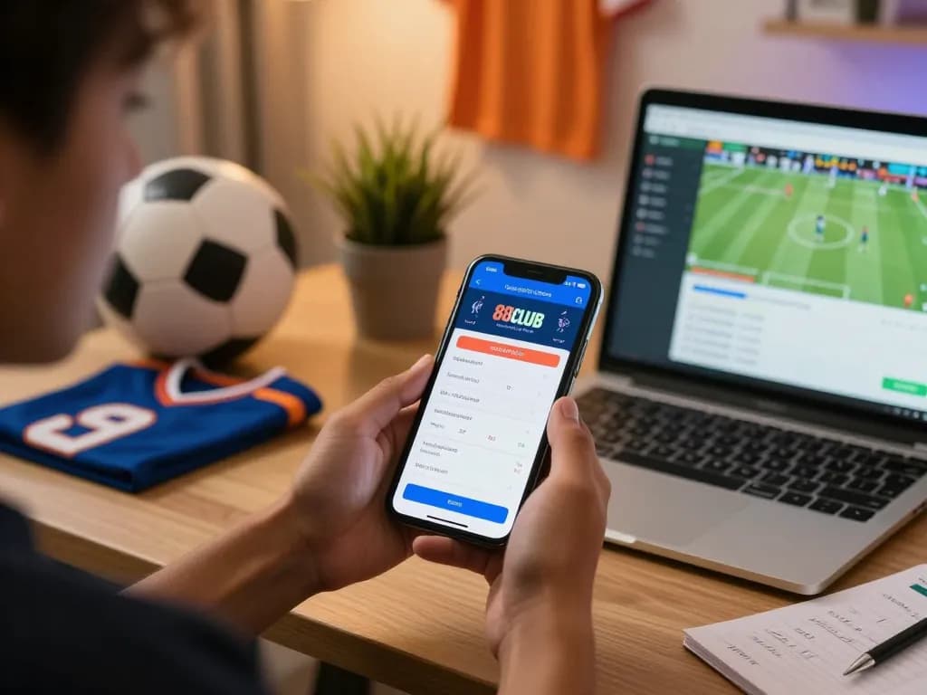 Person using 88CLUB app for live sports betting in a cozy home office setting
