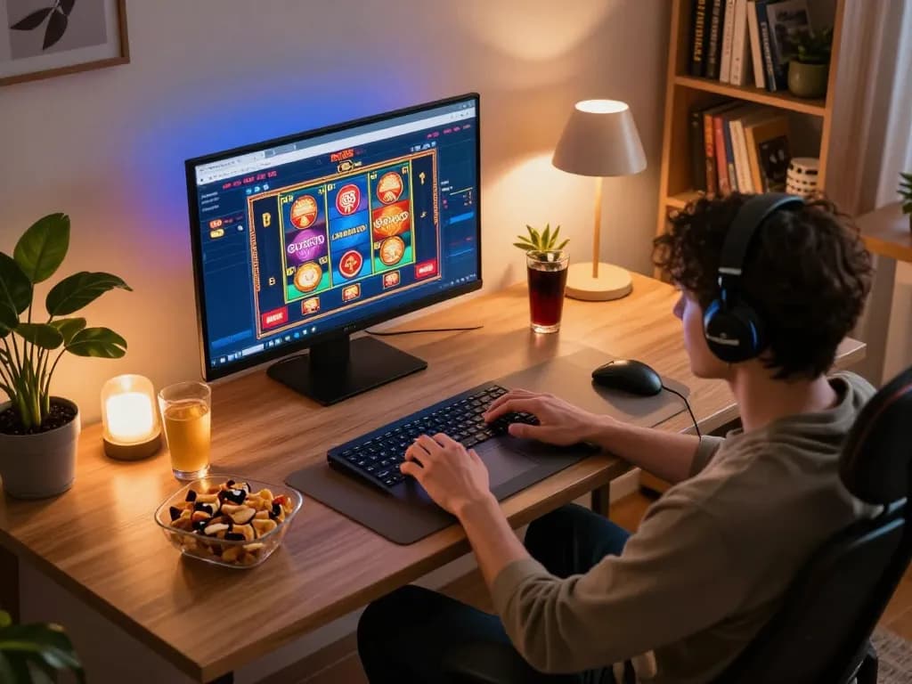 Engaging in online gaming at gg88 com with a laptop showing casino games and a cozy home atmosphere