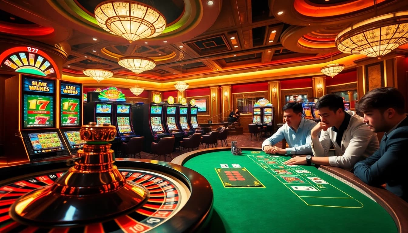 Players enjoying high-stakes action at Nhà Cái 68VIP casino with vibrant atmosphere.