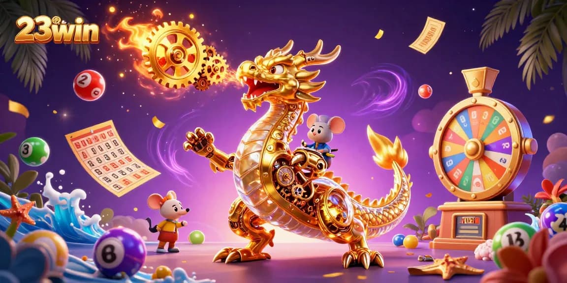 Experience thrilling wins with 23win's vibrant lottery and gaming elements in a captivating visual scene.