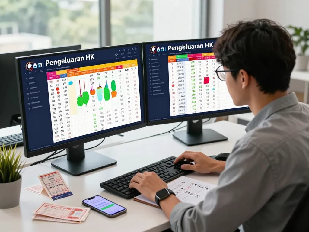 Dasbor lotere online interaktif yang menunjukkan hasil Pengeluaran HK, pemain fokus menganalisis data.