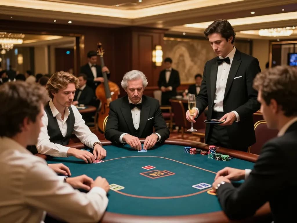 DEBET players engaging in a high-stakes poker game in a luxurious casino setting
