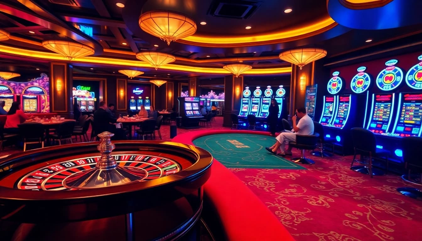 Players enjoying a thrilling game at debet net casino, surrounded by poker chips and a roulette wheel.