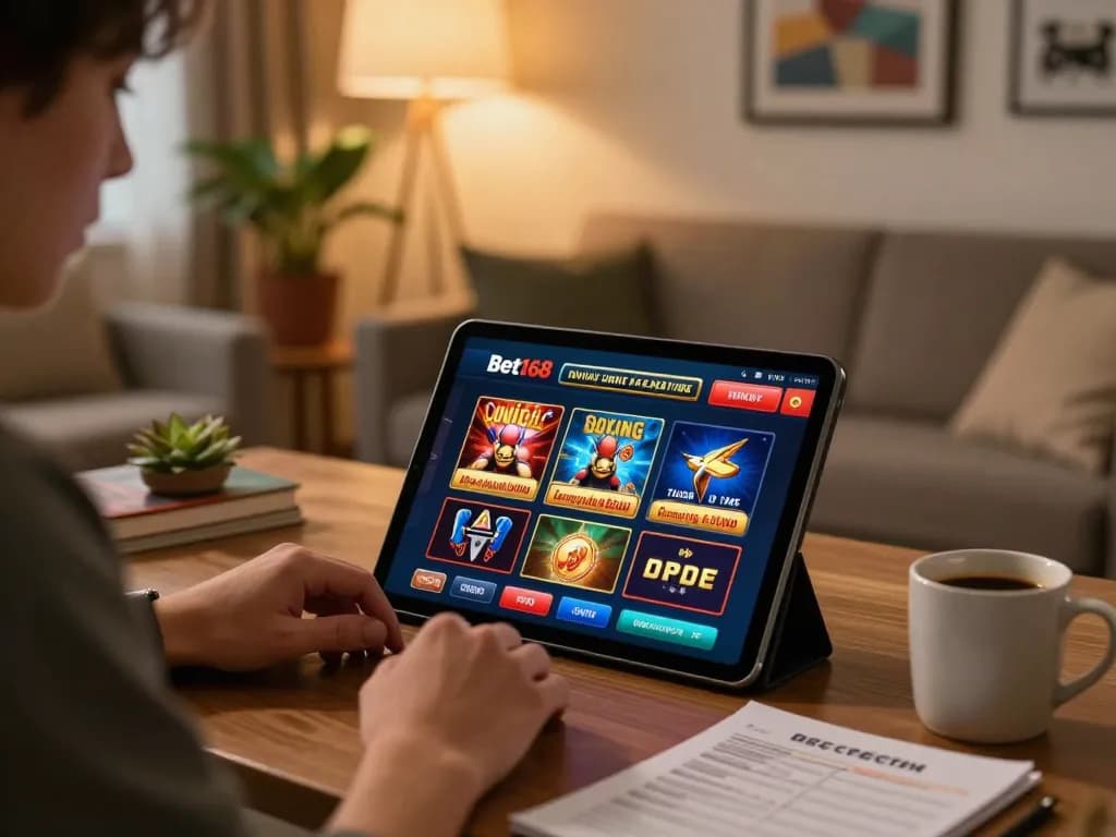 Engaged player enjoying bet168 online casino on a tablet with a cozy home environment.