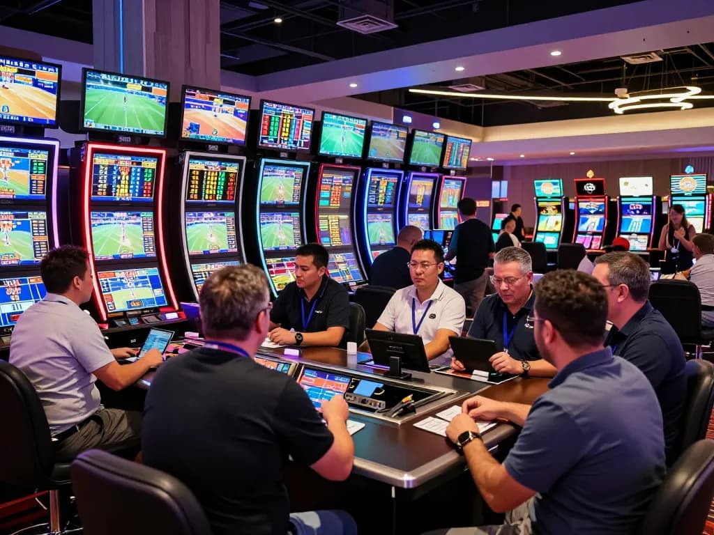 Betting excitement unfolds as TA88 bettors engage at a bustling sports betting counter.